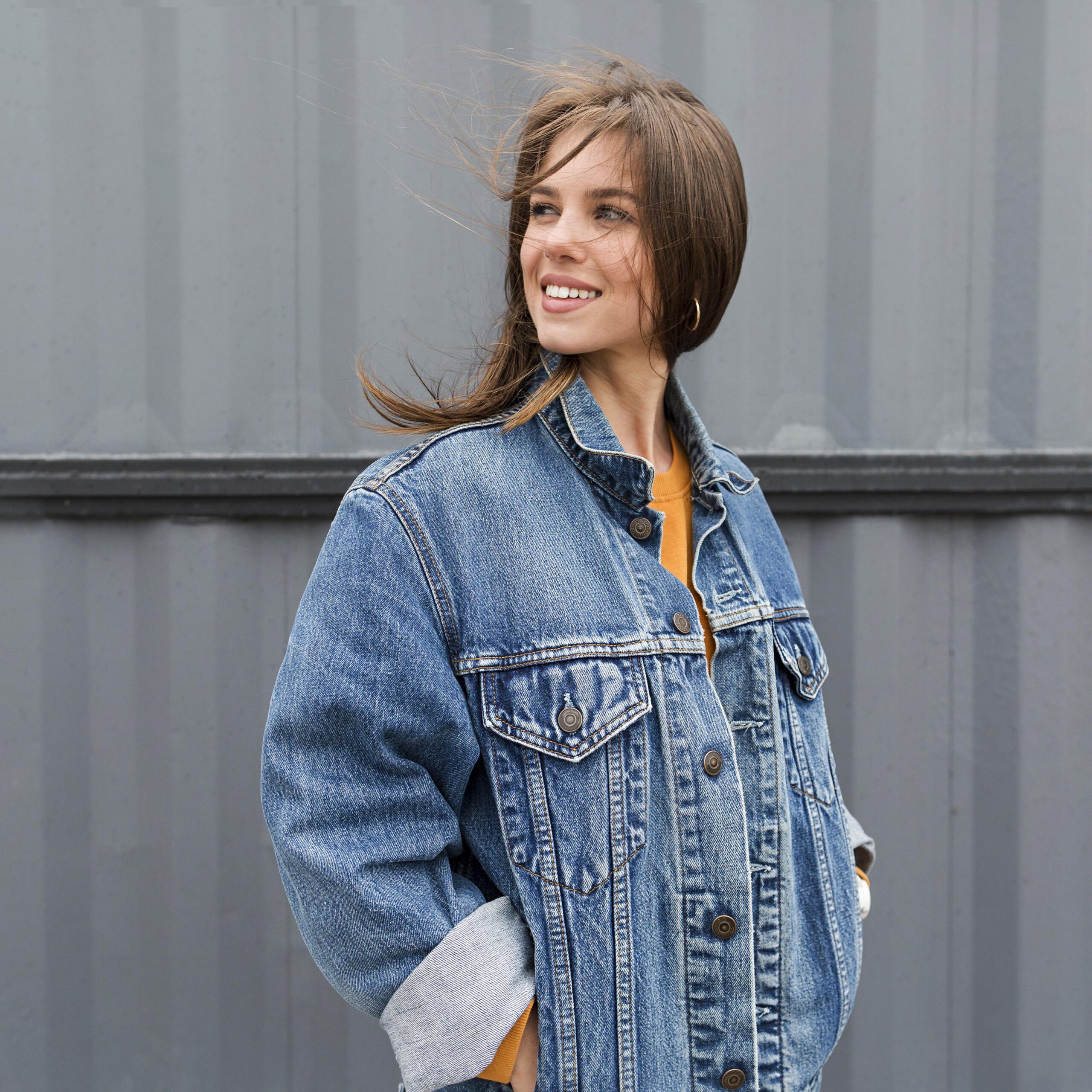 Home smiley woman with denim jacket